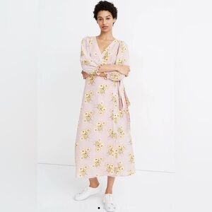 Madewell Linen-Blend Ruffle-Cuff Wrap Dress in Dutch Dandelions Small